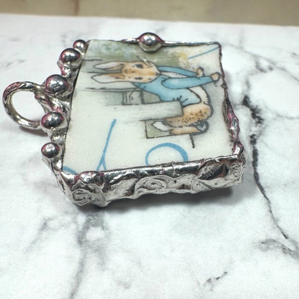 SOLD! Peter Rabbit Wedgwood Broken China Pendant w/ Silver Artisan Bezel & Ball - Picture 6 of 14